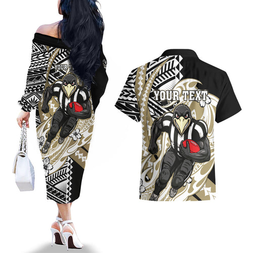 Personalized Collingwood Magpies Couples Matching Off The Shoulder Long Sleeve Dress and Hawaiian Shirt Polynesian Tribal Magpie Mascot With Hibiscus Floral Art