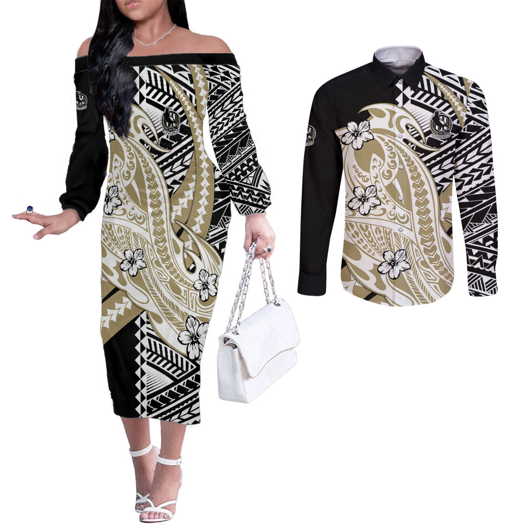 Personalized Collingwood Magpies Couples Matching Off The Shoulder Long Sleeve Dress and Long Sleeve Button Shirt Polynesian Tribal Magpie Mascot With Hibiscus Floral Art
