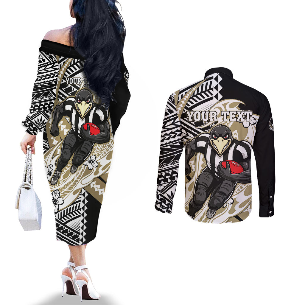 Personalized Collingwood Magpies Couples Matching Off The Shoulder Long Sleeve Dress and Long Sleeve Button Shirt Polynesian Tribal Magpie Mascot With Hibiscus Floral Art