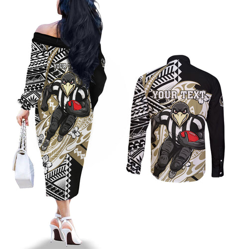 Personalized Collingwood Magpies Couples Matching Off The Shoulder Long Sleeve Dress and Long Sleeve Button Shirt Polynesian Tribal Magpie Mascot With Hibiscus Floral Art