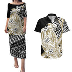 Personalized Collingwood Magpies Couples Matching Puletasi and Hawaiian Shirt Polynesian Tribal Magpie Mascot With Hibiscus Floral Art