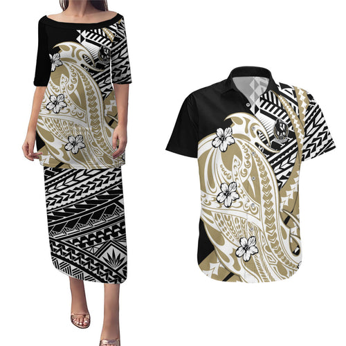 Personalized Collingwood Magpies Couples Matching Puletasi and Hawaiian Shirt Polynesian Tribal Magpie Mascot With Hibiscus Floral Art