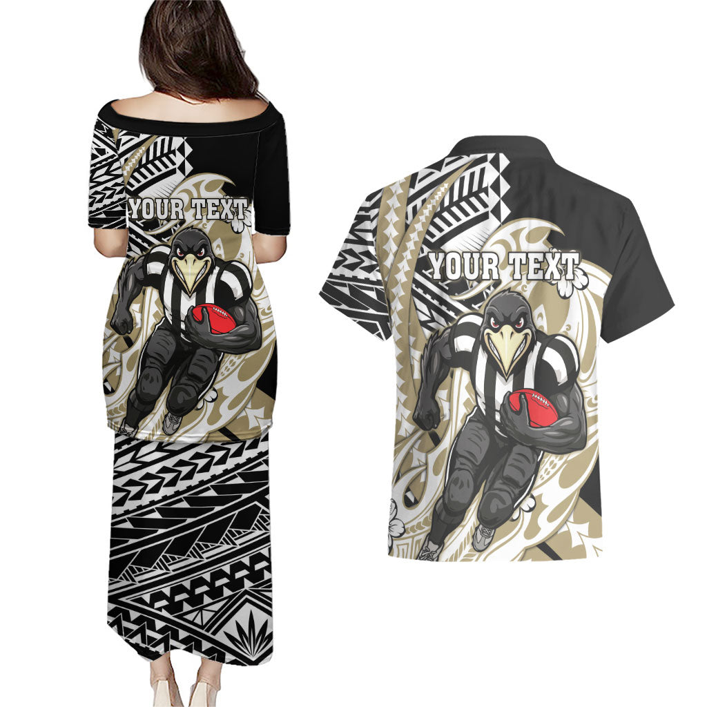 Personalized Collingwood Magpies Couples Matching Puletasi and Hawaiian Shirt Polynesian Tribal Magpie Mascot With Hibiscus Floral Art