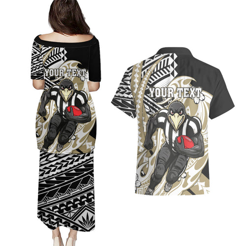Personalized Collingwood Magpies Couples Matching Puletasi and Hawaiian Shirt Polynesian Tribal Magpie Mascot With Hibiscus Floral Art