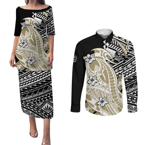Personalized Collingwood Magpies Couples Matching Puletasi and Long Sleeve Button Shirt Polynesian Tribal Magpie Mascot With Hibiscus Floral Art