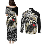 Personalized Collingwood Magpies Couples Matching Puletasi and Long Sleeve Button Shirt Polynesian Tribal Magpie Mascot With Hibiscus Floral Art