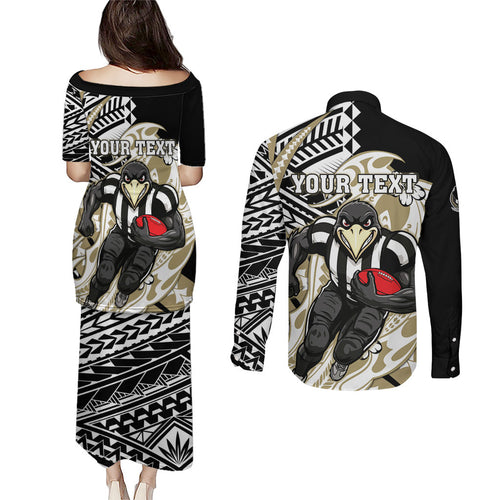 Personalized Collingwood Magpies Couples Matching Puletasi and Long Sleeve Button Shirt Polynesian Tribal Magpie Mascot With Hibiscus Floral Art