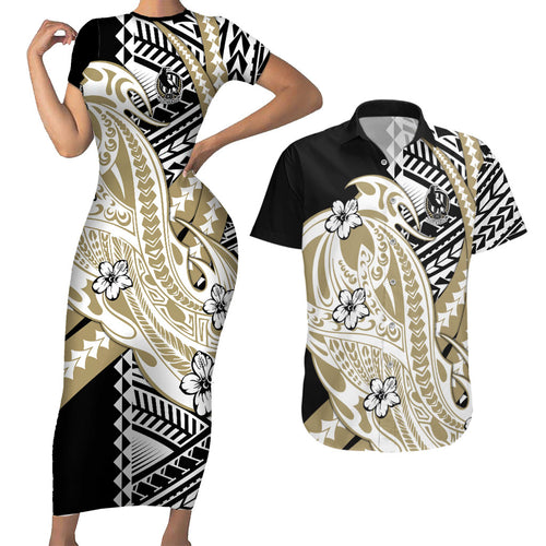 Personalized Collingwood Magpies Couples Matching Short Sleeve Bodycon Dress and Hawaiian Shirt Polynesian Tribal Magpie Mascot With Hibiscus Floral Art
