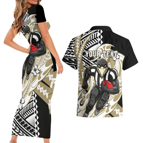 Personalized Collingwood Magpies Couples Matching Short Sleeve Bodycon Dress and Hawaiian Shirt Polynesian Tribal Magpie Mascot With Hibiscus Floral Art
