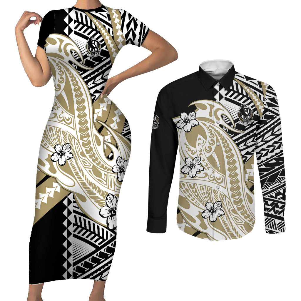 Personalized Collingwood Magpies Couples Matching Short Sleeve Bodycon Dress and Long Sleeve Button Shirt Polynesian Tribal Magpie Mascot With Hibiscus Floral Art