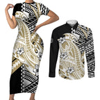 Personalized Collingwood Magpies Couples Matching Short Sleeve Bodycon Dress and Long Sleeve Button Shirt Polynesian Tribal Magpie Mascot With Hibiscus Floral Art