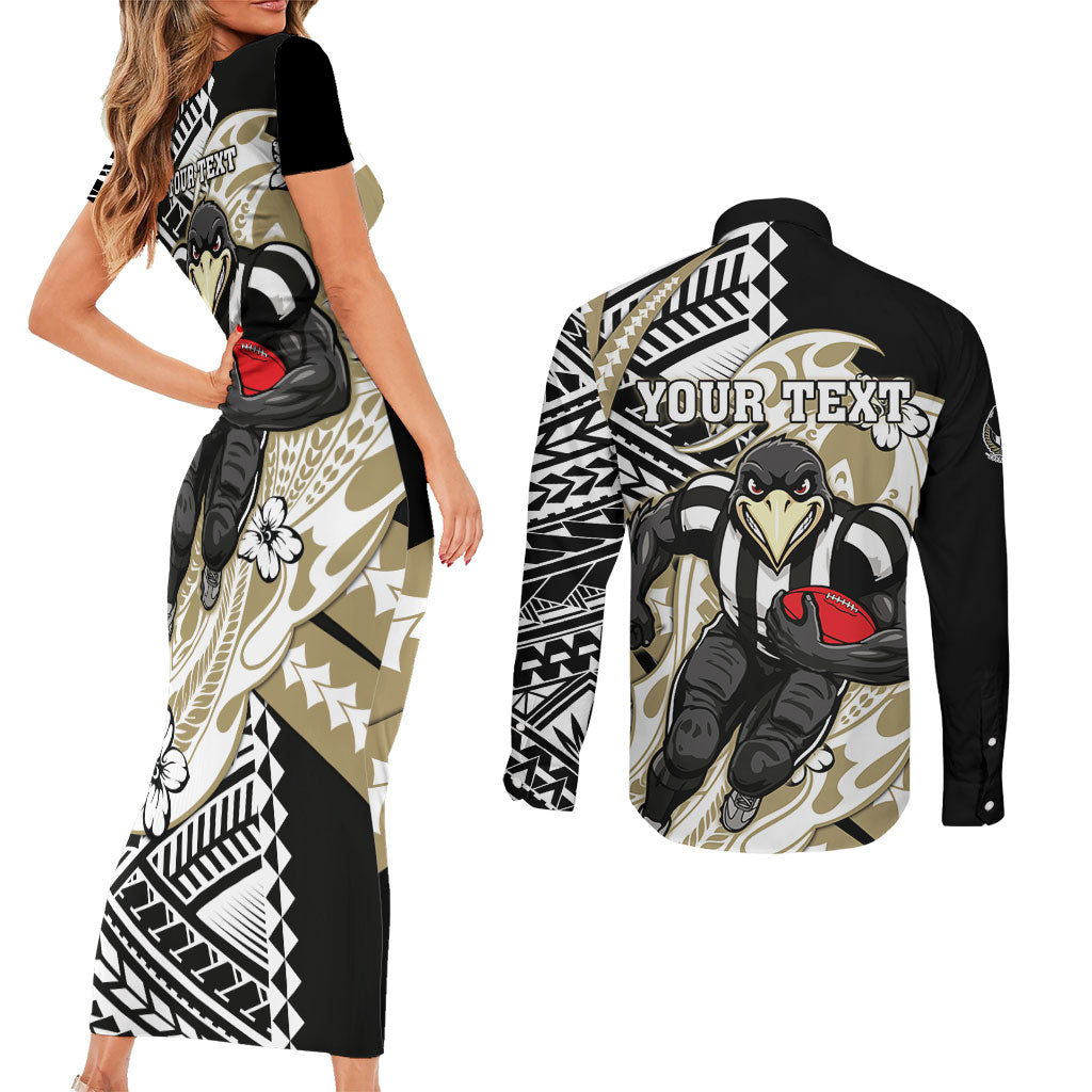 Personalized Collingwood Magpies Couples Matching Short Sleeve Bodycon Dress and Long Sleeve Button Shirt Polynesian Tribal Magpie Mascot With Hibiscus Floral Art