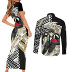 Personalized Collingwood Magpies Couples Matching Short Sleeve Bodycon Dress and Long Sleeve Button Shirt Polynesian Tribal Magpie Mascot With Hibiscus Floral Art