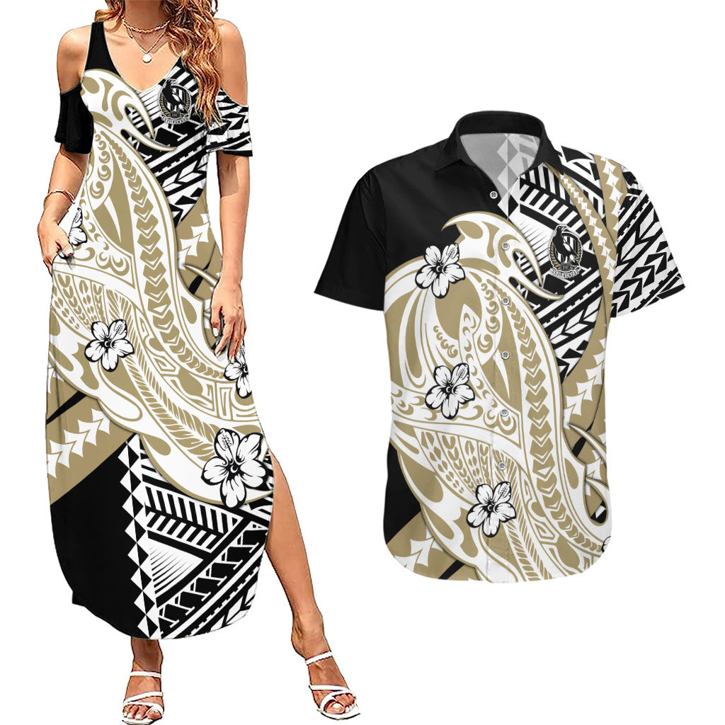 Personalized Collingwood Magpies Couples Matching Summer Maxi Dress and Hawaiian Shirt Polynesian Tribal Magpie Mascot With Hibiscus Floral Art