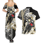 Personalized Collingwood Magpies Couples Matching Summer Maxi Dress and Hawaiian Shirt Polynesian Tribal Magpie Mascot With Hibiscus Floral Art