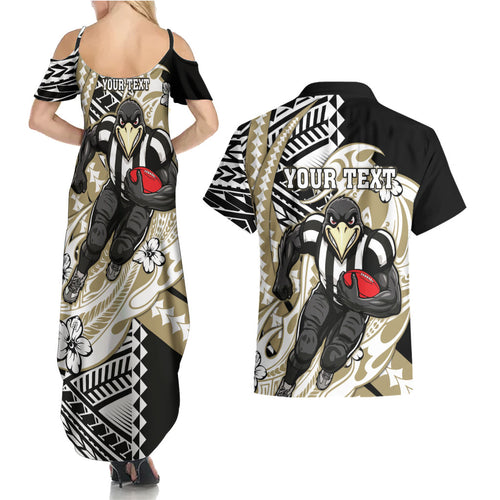 Personalized Collingwood Magpies Couples Matching Summer Maxi Dress and Hawaiian Shirt Polynesian Tribal Magpie Mascot With Hibiscus Floral Art