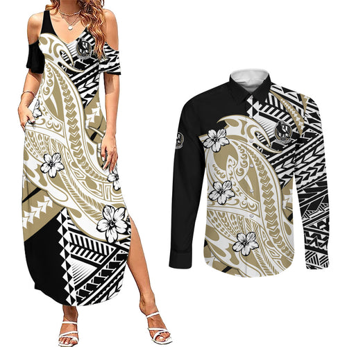Personalized Collingwood Magpies Couples Matching Summer Maxi Dress and Long Sleeve Button Shirt Polynesian Tribal Magpie Mascot With Hibiscus Floral Art