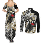 Personalized Collingwood Magpies Couples Matching Summer Maxi Dress and Long Sleeve Button Shirt Polynesian Tribal Magpie Mascot With Hibiscus Floral Art