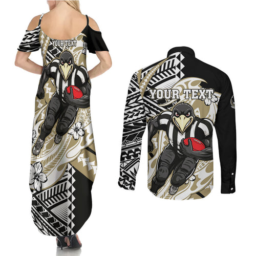 Personalized Collingwood Magpies Couples Matching Summer Maxi Dress and Long Sleeve Button Shirt Polynesian Tribal Magpie Mascot With Hibiscus Floral Art