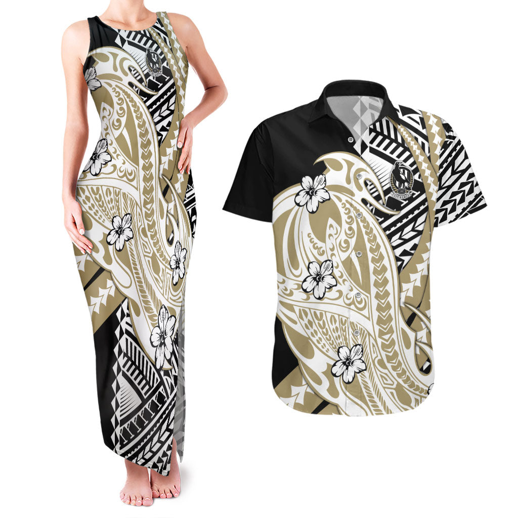 Personalized Collingwood Magpies Couples Matching Tank Maxi Dress and Hawaiian Shirt Polynesian Tribal Magpie Mascot With Hibiscus Floral Art