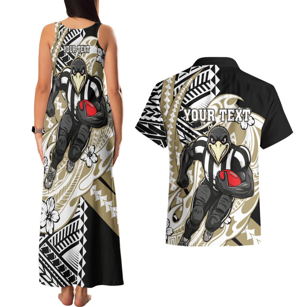 Personalized Collingwood Magpies Couples Matching Tank Maxi Dress and Hawaiian Shirt Polynesian Tribal Magpie Mascot With Hibiscus Floral Art