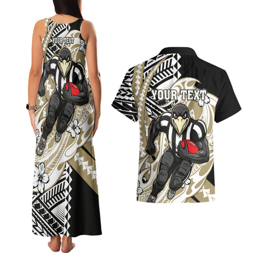 Personalized Collingwood Magpies Couples Matching Tank Maxi Dress and Hawaiian Shirt Polynesian Tribal Magpie Mascot With Hibiscus Floral Art