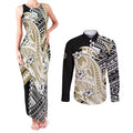 Personalized Collingwood Magpies Couples Matching Tank Maxi Dress and Long Sleeve Button Shirt Polynesian Tribal Magpie Mascot With Hibiscus Floral Art