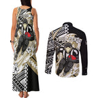 Personalized Collingwood Magpies Couples Matching Tank Maxi Dress and Long Sleeve Button Shirt Polynesian Tribal Magpie Mascot With Hibiscus Floral Art