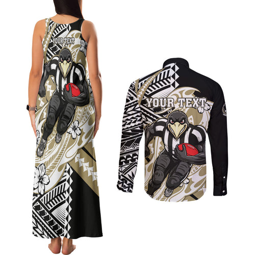 Personalized Collingwood Magpies Couples Matching Tank Maxi Dress and Long Sleeve Button Shirt Polynesian Tribal Magpie Mascot With Hibiscus Floral Art