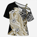 Personalized Collingwood Magpies Cross Shoulder Shirt Polynesian Tribal Magpie Mascot With Hibiscus Floral Art