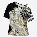 Personalized Collingwood Magpies Cross Shoulder Shirt Polynesian Tribal Magpie Mascot With Hibiscus Floral Art