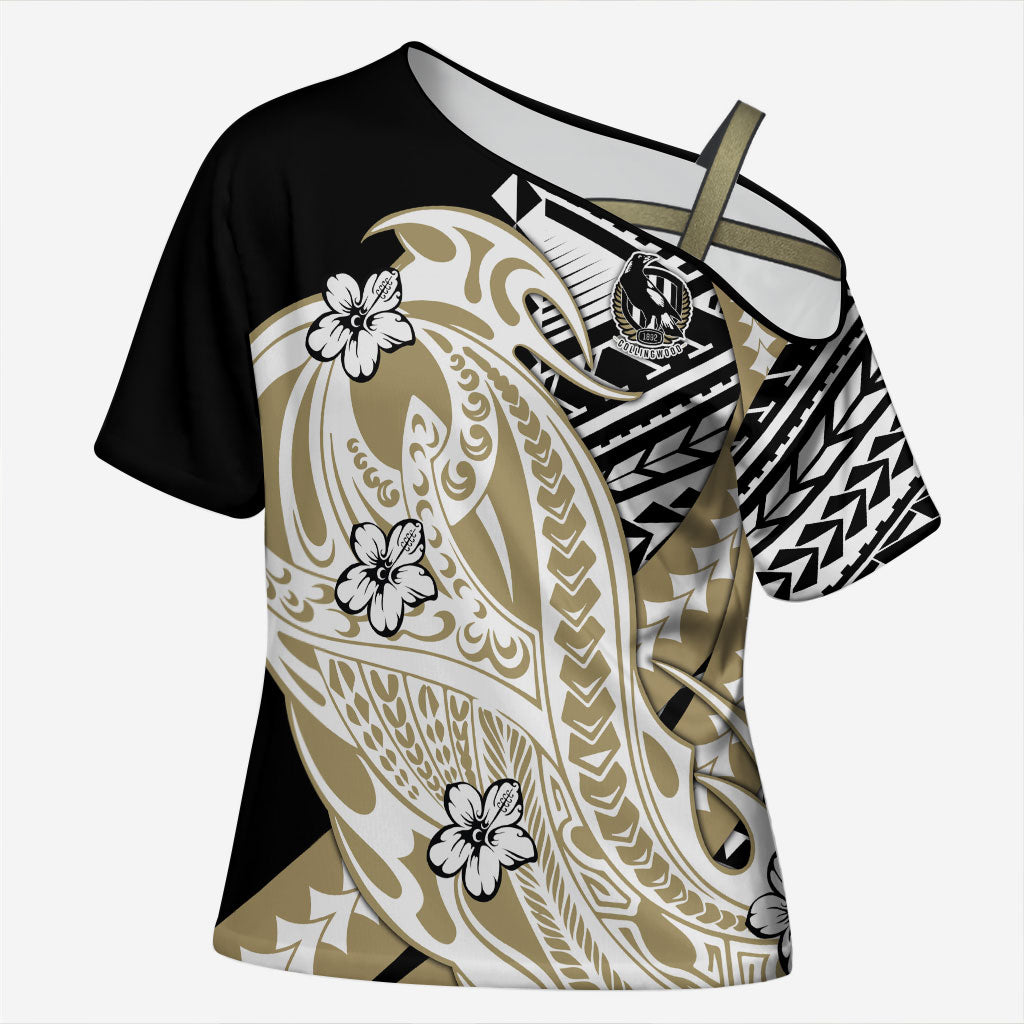 Personalized Collingwood Magpies Cross Shoulder Shirt Polynesian Tribal Magpie Mascot With Hibiscus Floral Art