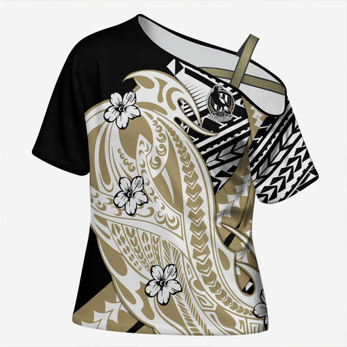 Personalized Collingwood Magpies Cross Shoulder Shirt Polynesian Tribal Magpie Mascot With Hibiscus Floral Art