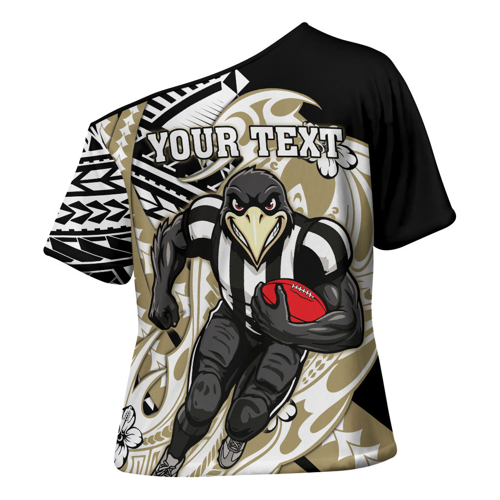 Personalized Collingwood Magpies Cross Shoulder Shirt Polynesian Tribal Magpie Mascot With Hibiscus Floral Art