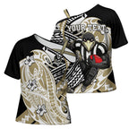 Personalized Collingwood Magpies Cross Shoulder Shirt Polynesian Tribal Magpie Mascot With Hibiscus Floral Art