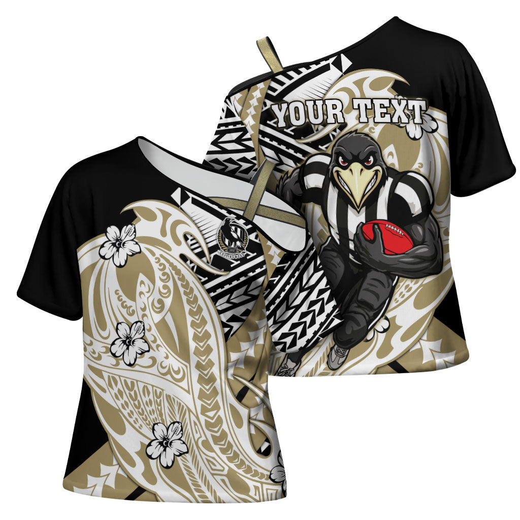 Personalized Collingwood Magpies Cross Shoulder Shirt Polynesian Tribal Magpie Mascot With Hibiscus Floral Art