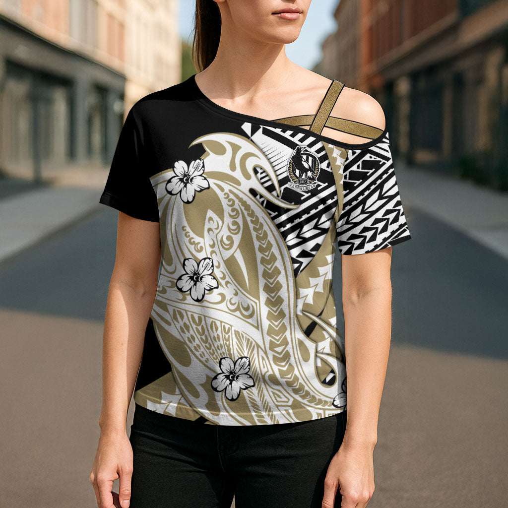 Personalized Collingwood Magpies Cross Shoulder Shirt Polynesian Tribal Magpie Mascot With Hibiscus Floral Art