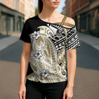 Personalized Collingwood Magpies Cross Shoulder Shirt Polynesian Tribal Magpie Mascot With Hibiscus Floral Art