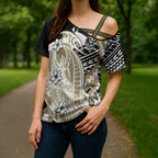 Personalized Collingwood Magpies Cross Shoulder Shirt Polynesian Tribal Magpie Mascot With Hibiscus Floral Art