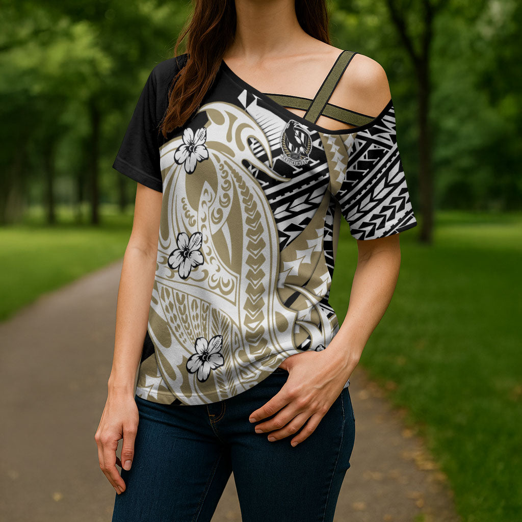 Personalized Collingwood Magpies Cross Shoulder Shirt Polynesian Tribal Magpie Mascot With Hibiscus Floral Art