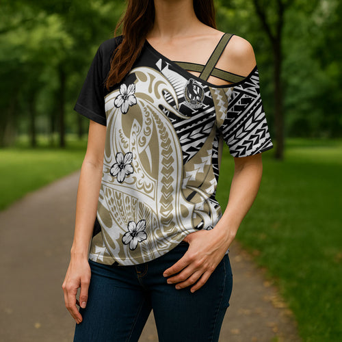 Personalized Collingwood Magpies Cross Shoulder Shirt Polynesian Tribal Magpie Mascot With Hibiscus Floral Art