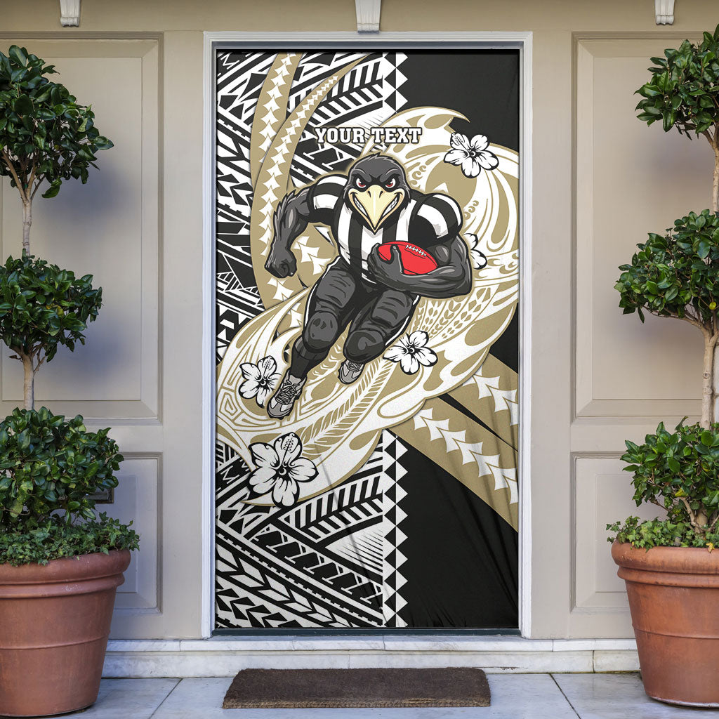 Personalized Collingwood Magpies Door Cover Polynesian Tribal Magpie Mascot With Hibiscus Floral Art