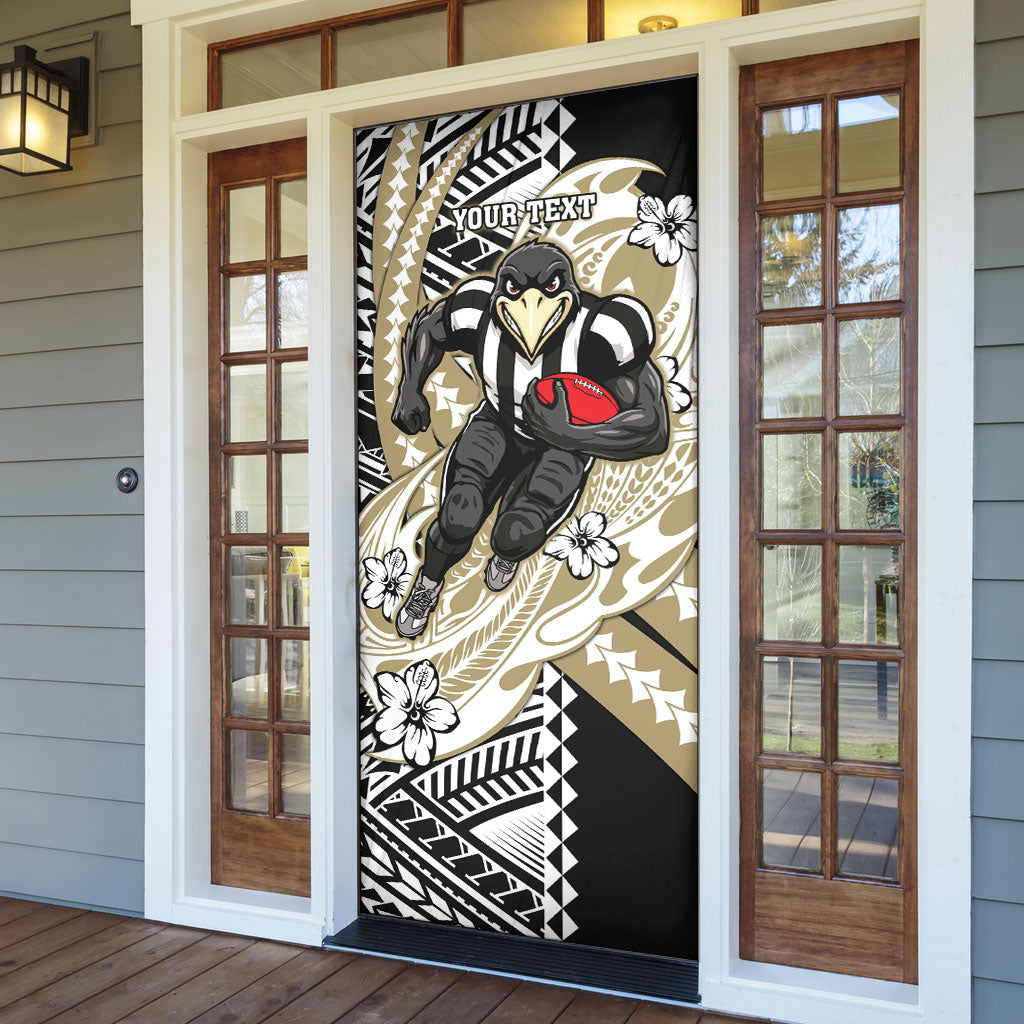 Personalized Collingwood Magpies Door Cover Polynesian Tribal Magpie Mascot With Hibiscus Floral Art