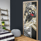 Personalized Collingwood Magpies Door Cover Polynesian Tribal Magpie Mascot With Hibiscus Floral Art
