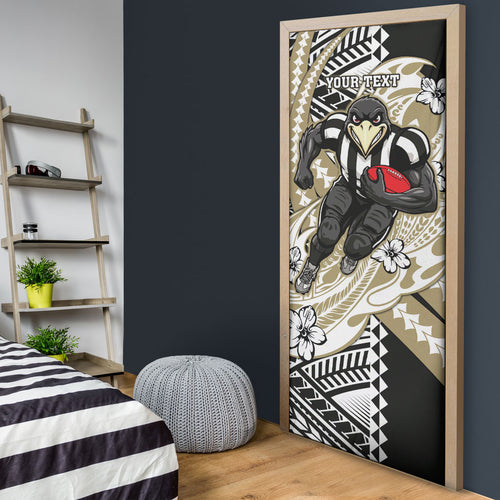 Personalized Collingwood Magpies Door Cover Polynesian Tribal Magpie Mascot With Hibiscus Floral Art