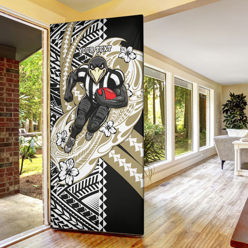 Personalized Collingwood Magpies Door Cover Polynesian Tribal Magpie Mascot With Hibiscus Floral Art