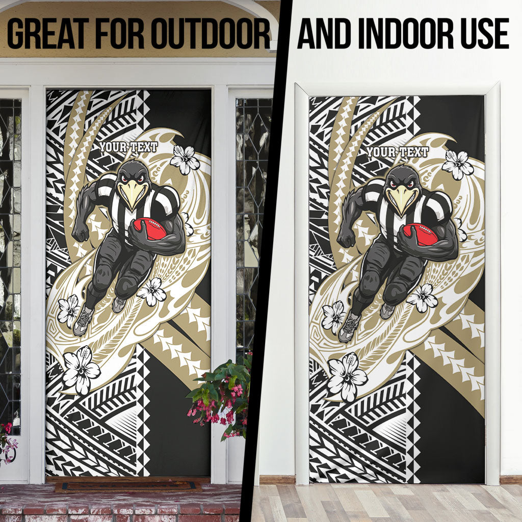 Personalized Collingwood Magpies Door Cover Polynesian Tribal Magpie Mascot With Hibiscus Floral Art