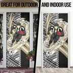 Personalized Collingwood Magpies Door Cover Polynesian Tribal Magpie Mascot With Hibiscus Floral Art