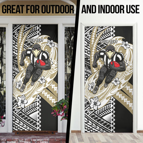Personalized Collingwood Magpies Door Cover Polynesian Tribal Magpie Mascot With Hibiscus Floral Art
