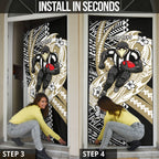 Personalized Collingwood Magpies Door Cover Polynesian Tribal Magpie Mascot With Hibiscus Floral Art